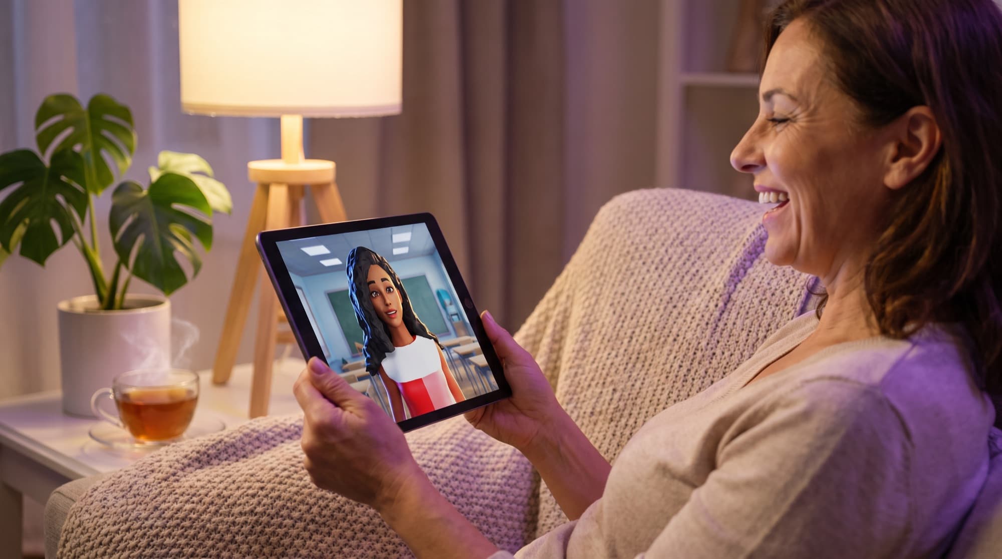 Uma mulher ri no sofá durante uma chamada com sua tutora do Langmeet no tablet