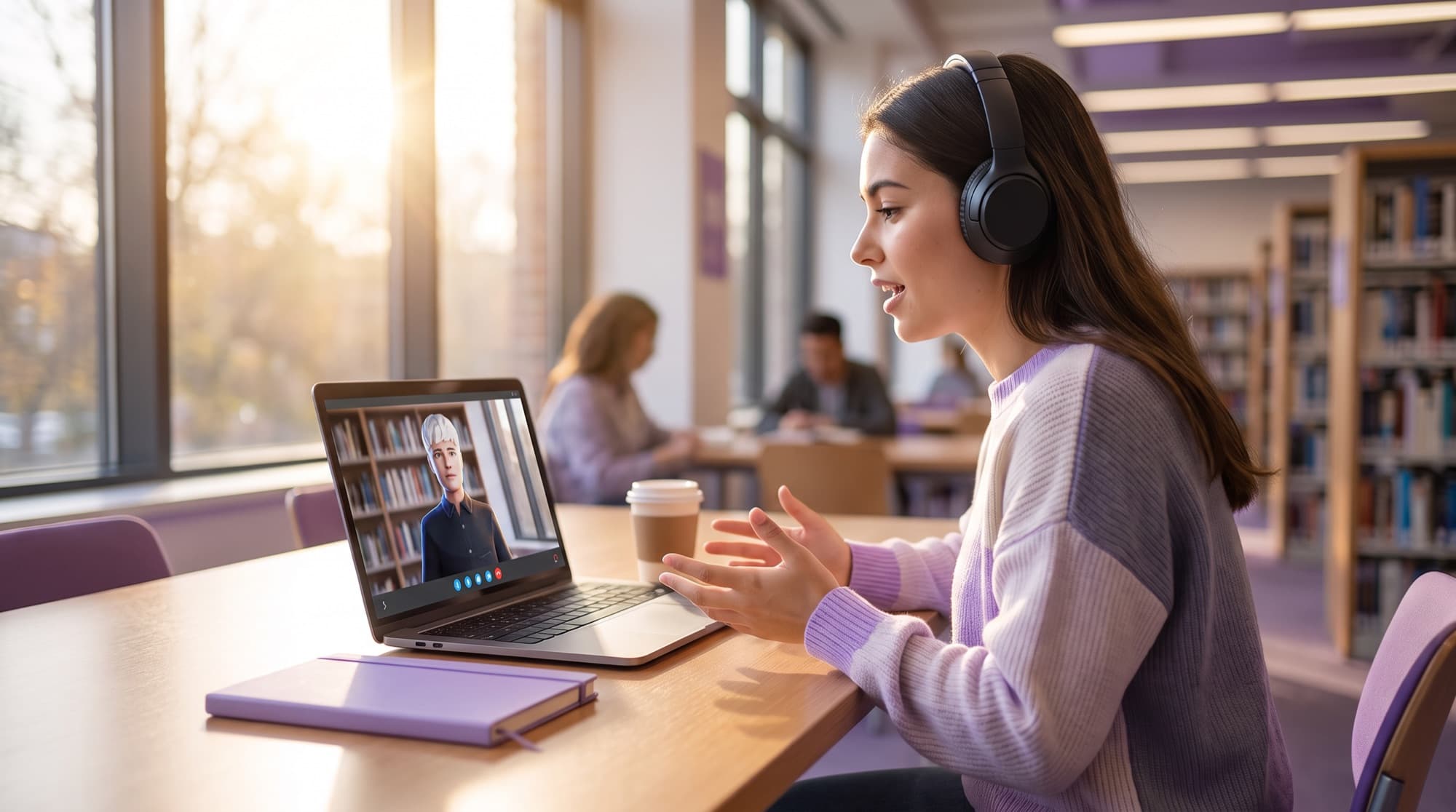 Uma estudante de fones responde ao seu tutor do Langmeet em uma biblioteca