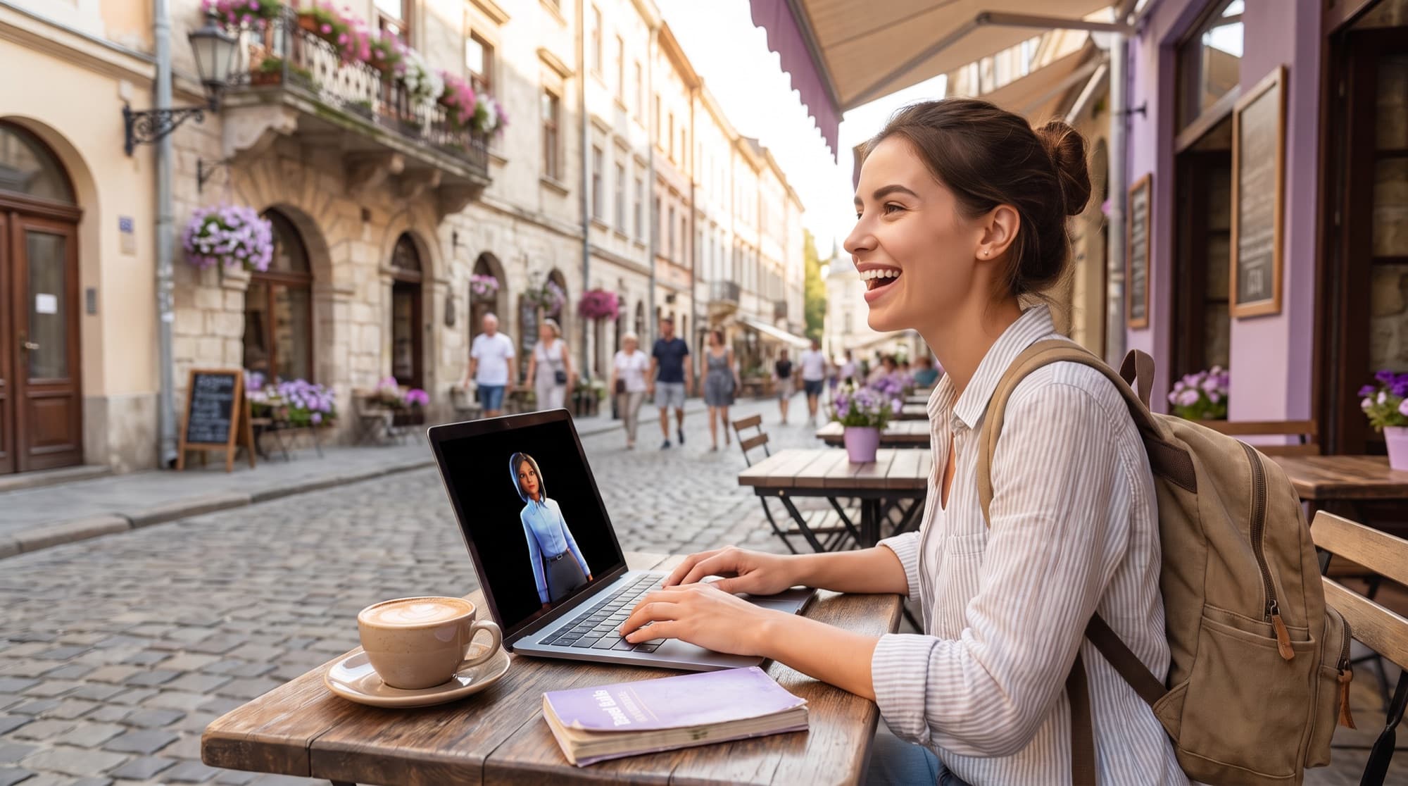 Uma viajante na mesa de um café conversa com sua tutora do Langmeet no notebook