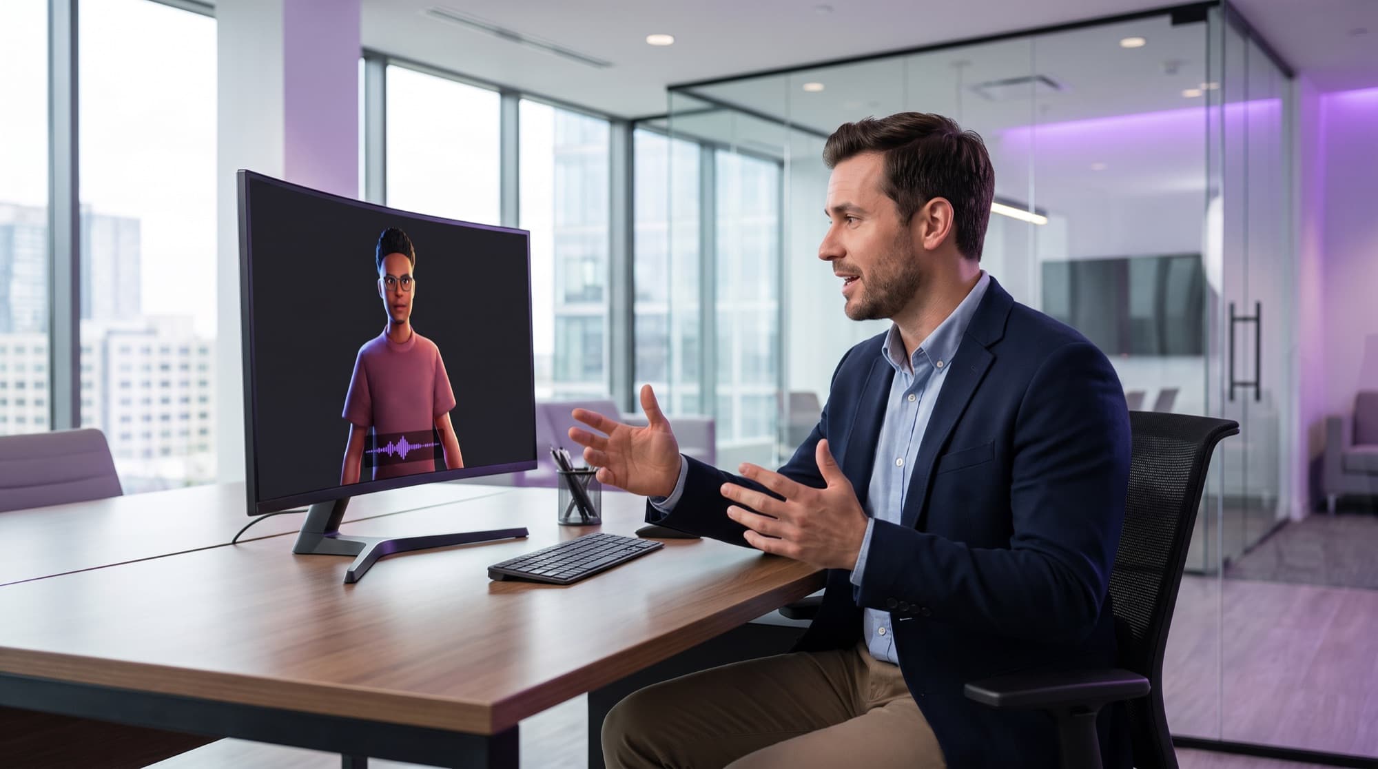 Um homem no escritório pratica em voz alta com seu tutor do Langmeet em um monitor grande