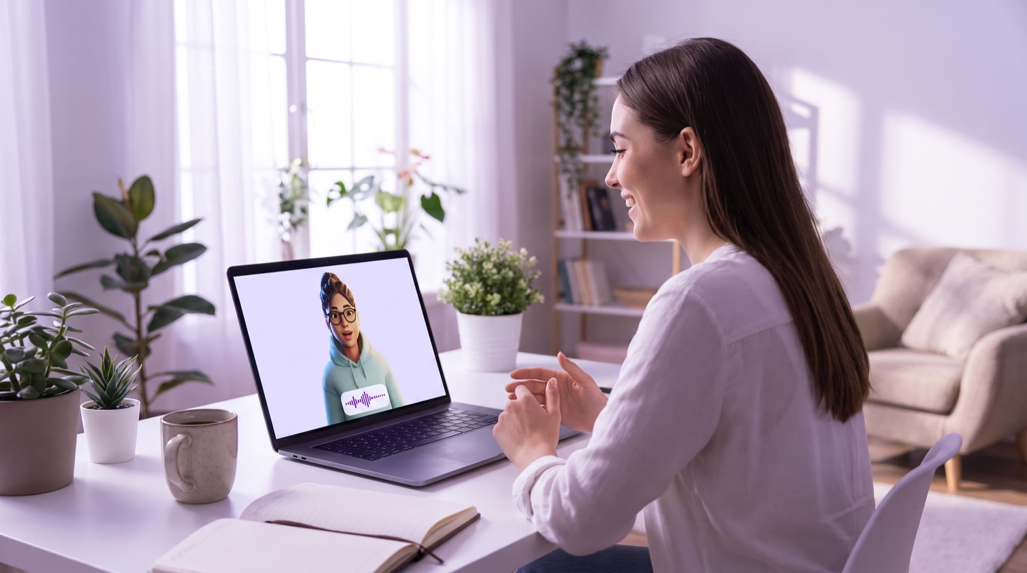 Uma aluna sorri enquanto conversa em voz alta com seu tutor de IA do Langmeet no notebook